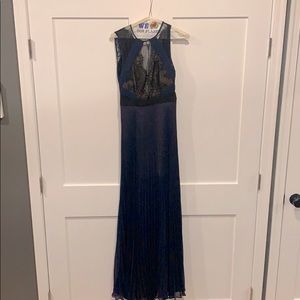 BCBG navy and black pleated gown